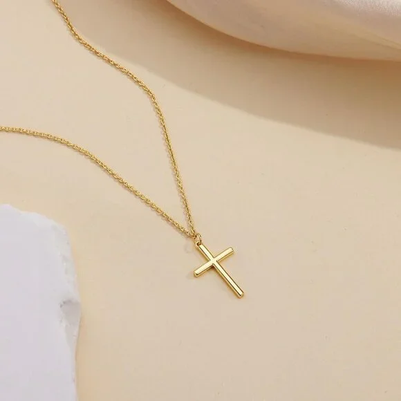 Women 04 Simple Cross Gold 14K Gold Silver Cross Necklace - Non Tarnish Jewelry - Picture 5 of 8